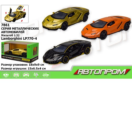 Машина металл 7861 (48шт/2) "АВТОПРОМ",1:32-36 Lamborghini  LP770-4, 3 цвета, батар.,свет,звук,откр.  (7861)