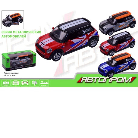 Машина металл 7743 (96шт/2) "АВТОПРОМ",Mini Cooper, 3 цвета, откр.двери, в кор.18*9*9см  (7743)
