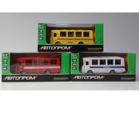 Автобус  метал 3273 (96шт/4) "АВТОПРОМ",1:32,3 цвета,откр.двери, в кор.16*7*7см  (3273)