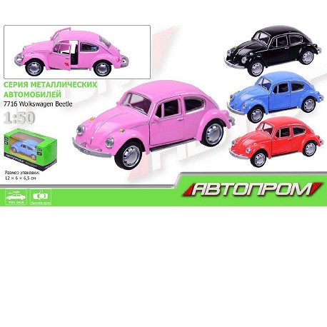 Машина металл Wolkswagen Beetle,М1:457716 (6225C) (108шт/3) "АВТОПРОМ", , 4 цвета, в кор.  (7716)